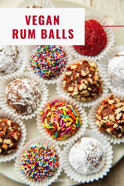 These festive vegan rum balls are full of flavor and easy to make with just six ingredients! They're perfect for holiday gifting and entertaining. Vegan Rum Balls, Christmas Vegan Recipes, Christmas Vegan, Holiday Treats Recipes, Vegan Christmas Cookies, Rum Balls, Vegan Christmas Recipes, Vegan Candies, Vegan Cake Recipes