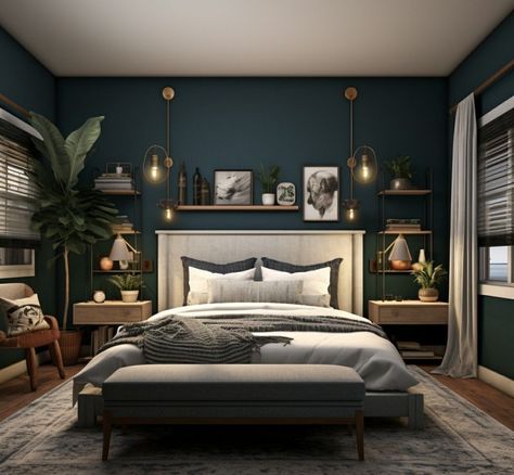 Cozy Modern Bed Cozy Boho Bed Dark Turquoise Bedroom Ideas For Adults, Moody Bedroom White Furniture, Relaxing Moody Bedroom, Midnight Teal Bedroom, Dark Blue Green Bedroom Walls, Dark Teal Green Bedroom, Deep Blue Bedroom Decor, Teal And Gold Bedroom Decor, Moody Blue Green Bedroom