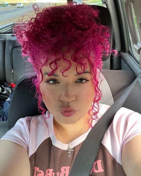 Curly Hair With Bangs Updo, Pink Arctic Fox Hair, Arctic Fox Virgin Pink, Curly Pink Hair, Fox Hair Color, Magenta Hair, Dyed Curly Hair, Hot Pink Hair, Fox Hair