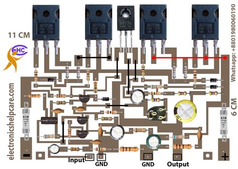 MOSFET amplifier 200W using IRFP250N has four pieces of IRFP250N. This transistor is very cheap and available. The circuit has very good performance. Mosfet Amplifier Circuit, Amplifier Circuit Diagram, Amplificatori Audio, First Transistor, Mini Amplifier, Hifi Amplifier, Diy Amplifier, Electrical Circuit Diagram, Circuit Ideas