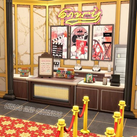 Movie Theater Concession Stand, Movie Theater At Home, Outside Movie, Cinema Idea, Sims 4 Speed Build, Theatre Interior, Small House Layout, House Floor Design, Sims Building