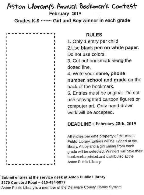 Bookmark Contest! | Aston Public Library Bookmark Contest Ideas, December Library Programs, Library Stations, Library Contests, Bookmark Contest, Passive Programming Library, Public Library Programs, Passive Programming, Walk Ideas