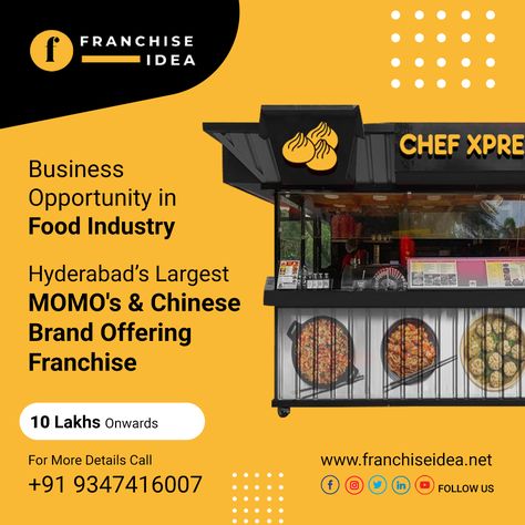 Business Opportunity in Food Industry Hyderabad's Largest MOMO's & Chinese Brand Offering Franchise For More Details Call : +919347416007 #franchiseidea #hyderabad #profitablebusiness #branding #kitchenequipment #rawmaterial #trainingsupport #marketing Franchise Opportunities, Business Opportunity, Profitable Business, Food Industry, Business Opportunities, Hyderabad, Branding, Marketing, Quick Saves