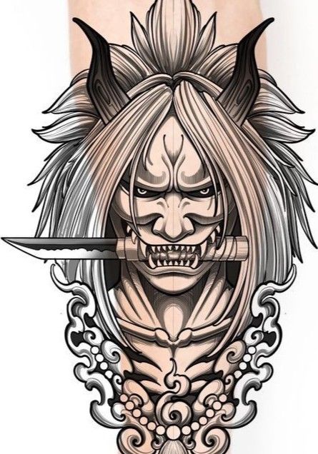 Hannya Maske Tattoo, Tattoo Designs Cute, Raijin Tattoo, 45 Tattoo, Tato Naruto, Japanese Warrior Tattoo, Japanese Demon Tattoo, Tato Geometris, Tato Ikan Koi