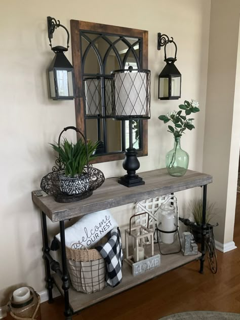 Foyer ideas in 2022 | Living room decor cozy, Dining room decor, Room decor Console Table Decorating Farmhouse, Entryway Ideas Industrial, Kirklands Home Decor Living Room, Kirklands Home Decor, Rustic Entryway Table, Industrial Console, Kirkland Home Decor, Rustic Style Decor, Entry Table Decor