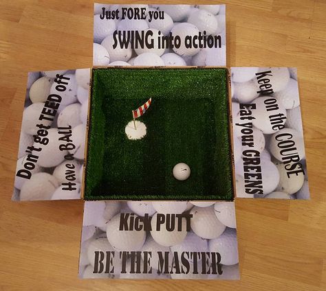 Golf care package, I used indoor/outdoor carpet for the base, a real golf ball, and a bamboo skewer with a duct tape flag. Golf Care Package, Birthday Boxes, Theme Baskets, Military Care Package, Wii Sports, Indoor Outdoor Carpet, College Care Package, Golf Theme, Bf Gifts