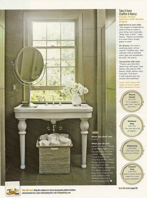 Nancy Braithwaite Color Tips Cottage Living Magazine, Sink Mirror, Country Baths, Vintage Window, Room Mirror, Large Vanity, Mirror Vintage, Pedestal Sink, Bathroom Windows