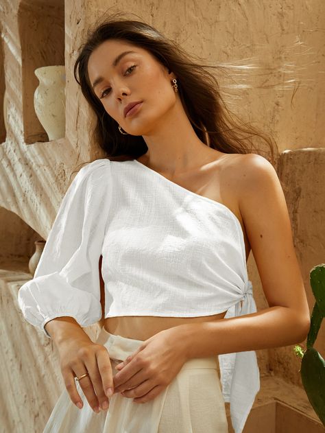 Summer Suit Women, Bra Outfit, Summer Cotton Tops, Linen Crop Top, Plain Tops, One Shoulder Tops, Shein Tops, Lantern Sleeve, White Crop Top