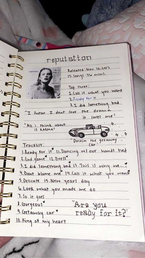 Drawing Ideas Taylor Swift Songs, Reputation Journal Page, Journaling Song Lyrics, Reputation Scrapbook, Song Diary Ideas, Taylor Swift Notebook Ideas, Song Book Journal, Taylor Swift Journal Pages, Album Journal Page