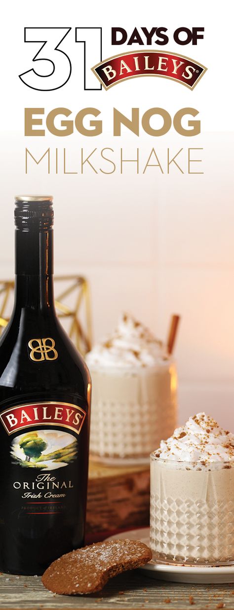 Name: Baileys Eggnog Milkshake Ingredients: ½ cup Baileys Original Irish Cream, ½ cup eggnog, 3 cups vanilla ice cream, 1 tsp cinnamon, whipped cream, crushed gingersnaps. Directions: Mix Baileys, vanilla ice cream, eggnog, and cinnamon until smooth. Pour into 3 glasses & top with whipped cream & crushed gingersnaps. Eggnog Milkshake, Baileys Recipes Drinks, Baileys Drinks, Eggnog Drinks, Baileys Original Irish Cream, Baileys Original, Baileys Recipes, Jello Shot, Liquor Drinks