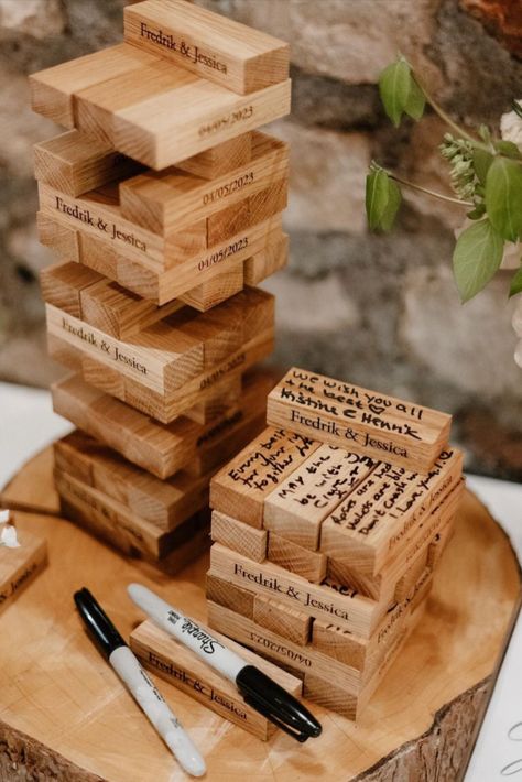 Introduce a fun element to your wedding guests with our personalised oak or walnut building block guestbook. Guests may write their names and best wishes on the each of the blocks and then you not only have memories of your special day but a brilliant game to play afterwards.  Half your building blocks will be engraved with your names on one side and the other half with the date of your wedding on one side. Wedding Jenga Guest Book, Wedding Guest Book Ideas Diy, Unique Guest Book Alternatives, Rustic Italian Wedding, Diy Wedding Guest Book, Alternative Wedding Guest Book, Creative Wedding Favors, Wedding Concept, Game To Play