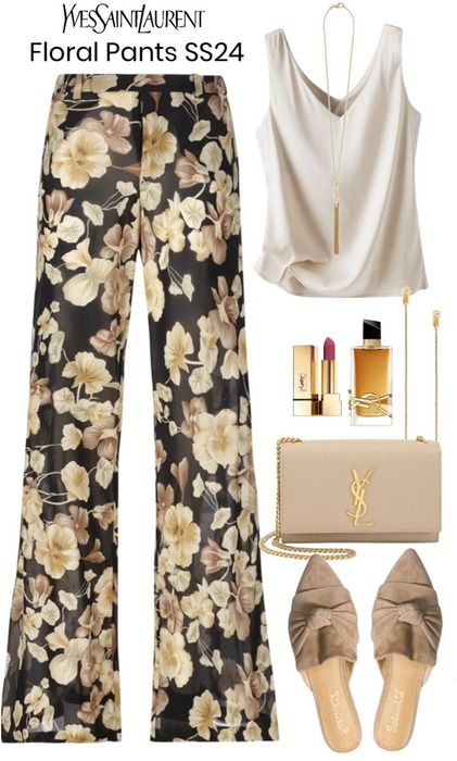 The Floral Pant Outfit | ShopLook Floral Pants Outfit, Floral Pants, Outfit Shoplook, Navy Floral, Pants Outfit, Ysl Bag, Casual Outfits, Collage, Navy