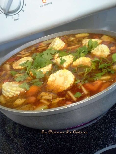 Caldo de Puerco (Pork and Vegetable Soup)~Recado Recipes - La Piña en la Cocina Recado Recipe, Caldo Soup, Kale Vegetable Soup, Latin American Recipes, Latin Recipes, American Recipes, Pork Steak, Carrots And Potatoes, Hispanic Food