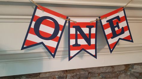 nautical high chair banner ONE banner navy blue and red Nautical 1st Birthday, Nautical First Birthday, Cardstock Banner, Nautical Banner, Decor Marin, 1st Birthday Decor, Easter Birthday Party, Nautical Birthday Party, Nautical Birthday