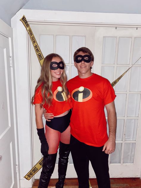 mr and mrs incredible halloween costume Couples Incredibles Costume, Mr And Mrs Incredible Costume Diy, The Incredibles Costume Diy, Couples Hero Costumes, Couple Halloween Costumes Incredibles, Incredible Couple Costume, The Incredibles Couple Costume, Mr & Mrs Incredible Costume, Mr And Ms Incredible Costume