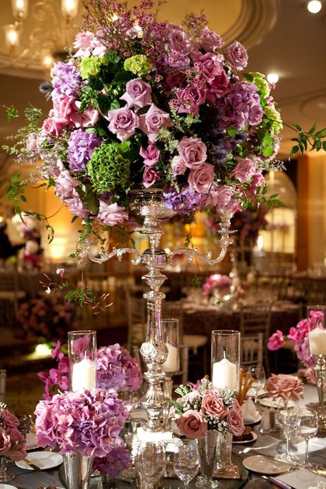 Table With Flowers, Fleur Design, Tall Centerpieces, Sophisticated Bride, Tall Vase, Wedding Reception Venues, Floral Centerpieces, Flower Centerpieces, Purple Wedding