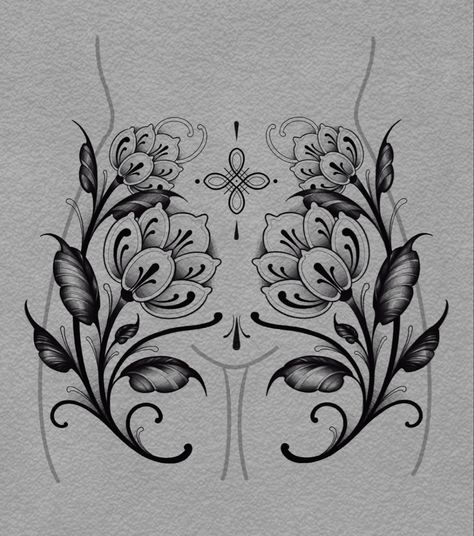 Art Nouveau Mandala, Ornamental Flowers Tattoo, Ornamental Flower Design, Ornamental Peony Tattoo, Ornamental Tattoo Sternum, Symmetrical Flower Tattoo, Flower Ornamental Tattoo, Ornamental Flower Tattoo, Ornamental Sleeve