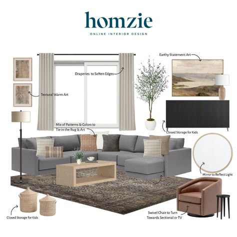 We loved designing this Amber Interiors Inspired living room for our virtual interior design client. This space features a swivel chair, a grey sectional couch, several earthy wall accents, and lots of decorative storage space. Shop this design by following @homziedesigns on the LTK app! Work 1:1 with a Homzie virtual interior designer for a low flat-rate and receive a custom, shoppable decorating plan! - all online. Get started homziedesigns.com/work-with-us Gray Sectional With Accent Chairs, Grey Couch With Accent Chair, Grey Sectional Living Room Ideas, Grey Sectional Couch, Gray Sectional Living Room, Charcoal Sectional, Dark Grey Sectional, Brown Accent Chair, Grey Sectional