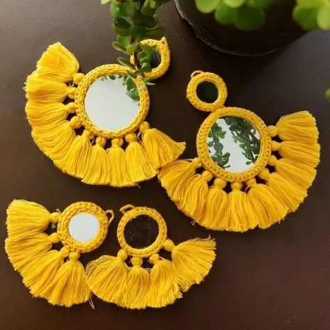 Mirror Tassels, Crochet Mirror, Crochet Tassels, Mirror Earrings, Hand Embroidered Jewelry, Fabric Jewellery, Embroidered Jewelry, Illustration Art Design, Jewelry Drawing