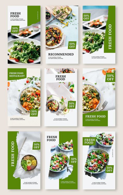 Fresh Food Instagram Stories Template - 9 PSD files - Size 1080 x1920 pixel Food Web Design, Instagram Stories Template, Food Template, Food Banner, Food Instagram, Food Menu Design, Instagram Template Design, Food Graphic Design, Food Poster Design