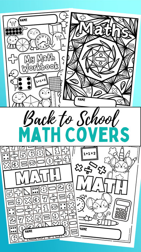 If you're heading back to the classroom soon and planning your first math classes, check out these funky math cover pages! Lots of different templates and variations - covering both MATH and MATHS spelling. The set includes cute designs targeted at lower years and some more detailed coloring versions for upper elementary. Students can use for their workbook cover or inside title page. Lots of fun coloring for these first days back at school! Math cover coloring pages, Printable math covers. Math Cover Page, Maths Cover Page, Math Binder Cover, Math Binder, Workbook Cover, Title Pages, Math 5, Math Journal, Math Workbook