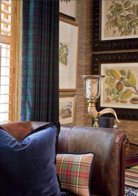 Black Watch curtains Tartan Curtains, Mary Carol Garrity, Tartan Decor, Nell Hills, Plaid Curtains, Scottish Style, Leather Chesterfield, English Country Style, Tartan Fabric