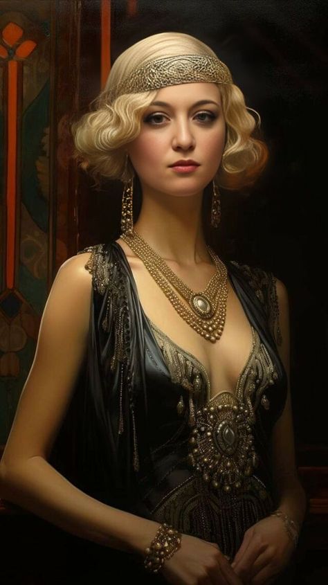 Flapper Girl Art, Gatsby Girl, 1930s Gown, 1920s Glamour, Gatsby Hair, Classic Pearl Necklace, Great Gatsby Fashion, Flapper Girl, Halloween Costume Ideas