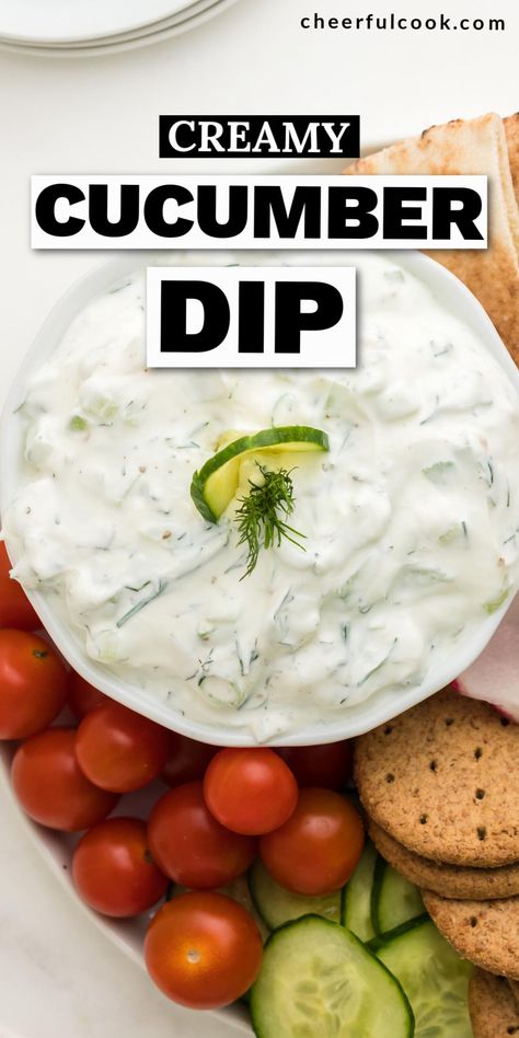 creamy cucumber dip in a white bowl on a veggie and cracker platter Cucumber Dip Recipe Cream Cheese, Creamy Cucumber Dip, Cucumber Cracker Dip, Dip For Cucumbers, Cucumber Dips, Cucumber Dipping Sauce, Cucumber Dill Dip, Cucumber Dip Recipe, Healthy Veggie Dip