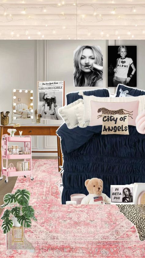 Navy Blue And Pink Dorm Room, Navy And Pink Bedroom Ideas, Pink Navy And Grey Bedroom, Navy And Pink Aesthetic, Pink And Blue Room Ideas, Pink And Navy Bedroom, Navy And Pink Bedroom, Navy Blue And Pink Bedroom, Navy Dorm