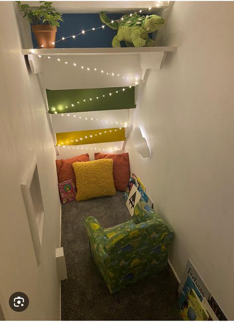 Den Under Stairs, Under Basement Stairs, Stairs Playroom, Under Stairs Playhouse, Under Stairs Playroom, Modern Attic, Closet Nook, Reading Nook Closet, Reading Nook Decor