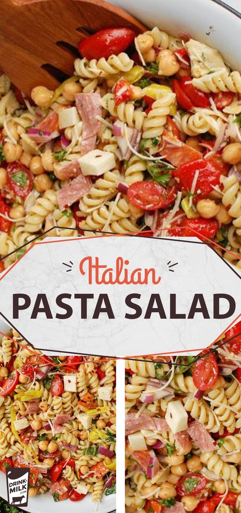 Healthy Italian Pasta Salad has chickpeas, artichokes, roasted red peppers, tomatoes, red onion, pepperoncini, mozzarella and parmesan cheese topped it with a light dressing. It's perfect for picnics and cookouts! Healthy Italian Pasta Salad, Healthy Italian Pasta, Summer Pasta Salad Recipes, Italian Pasta Salad, Healthy Italian, Pasta Salad Italian, Summer Pasta Salad, Best Salad Recipes, Large Crowd