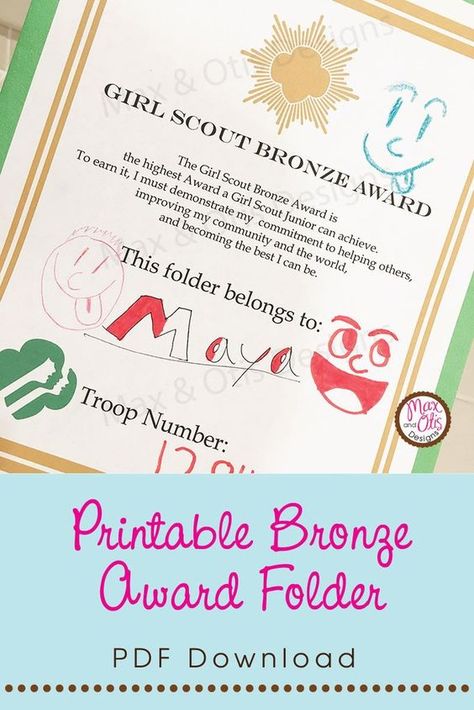 My Girl Scout Troop is starting their Bronze Award project. I gave each girl a folder with the Bronze Award information package in it and a time log sheet. They Girlscout Brownies, Junior Girl Scouts Activities, Scouting Activities, Junior Girl Scout Badges, Printable Folder, Girl Scout Troop Leader, Girl Scouts Cadettes, Girl Scout Badges, Girl Scout Activities