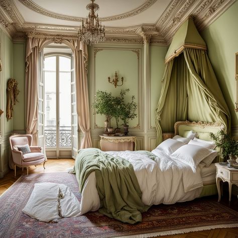 Green Parisian Bedroom, Light Green Bedroom Aesthetic, Rococo Aesthetic Bedroom, French Room Aesthetic, Green Victorian Bedroom, Regal Bedroom, Money Room, Street Bedroom, Eclectic Bedrooms