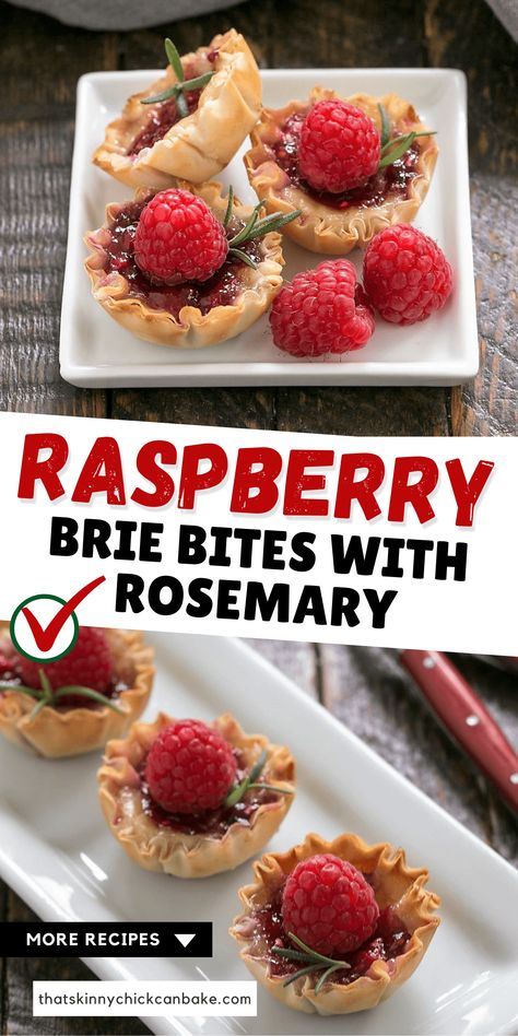 Raspberry Brie Bites with Rosemary - Baked in wonton or phyllo shells, this easy appetizer recipe pairs gooey French Brie with fresh raspberries and jam! Absolutely addictive! Raspberry Brie, Phyllo Shells, Easy Make Ahead Appetizers, Holiday Party Game, Bbq Appetizers, Chicke Recipes, Blackened Shrimp, Brie Bites, Avocado Cucumber