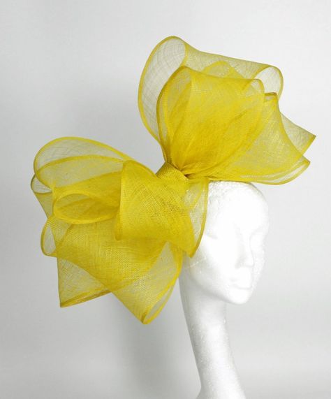 Giant Yellow Bow Fascinator Hats Outfit, Yellow Fascinator, Bow Fascinator, Wedding Hats For Guests, Fascinator Hats Diy, Derby Ideas, Giant Bow, Diy Hair Accessories Ribbon, Yellow Bow