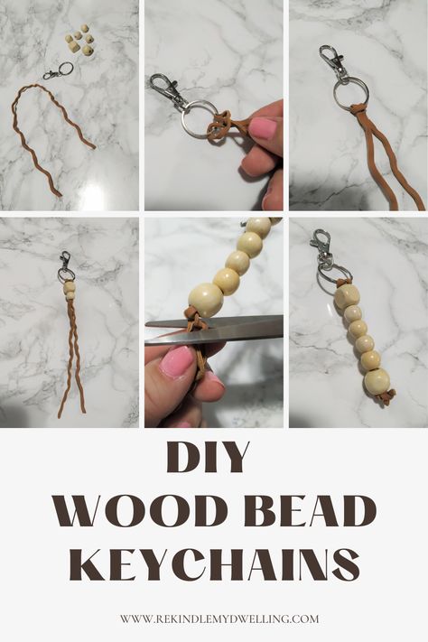 Make this boho inspired wood bead keychain. It’s the perfect accessory for your keys, lanyard, purse or backpack zippers. And it makes a great handmade gift too! Wood Bead Keychain, Bead Keychain, Leather Tie, Homemade Crafts, Beaded Keychains, Crafts To Sell, Carpentry, Decor Project, Leather Cord