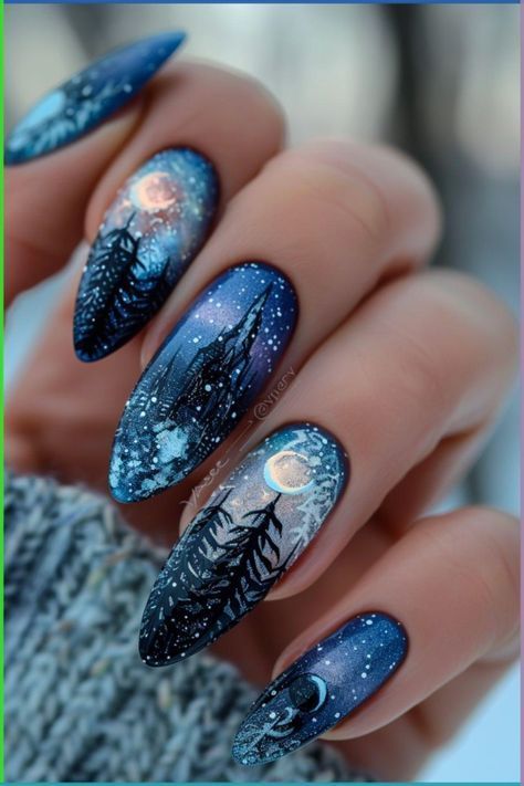 Full Moon Nails, Moon Nails Design, Moon And Stars Nails, Space Nail Designs, Moon And Star Nails, Night Sky Nails, Celestial Nails, Night Nails, Mystic Nails