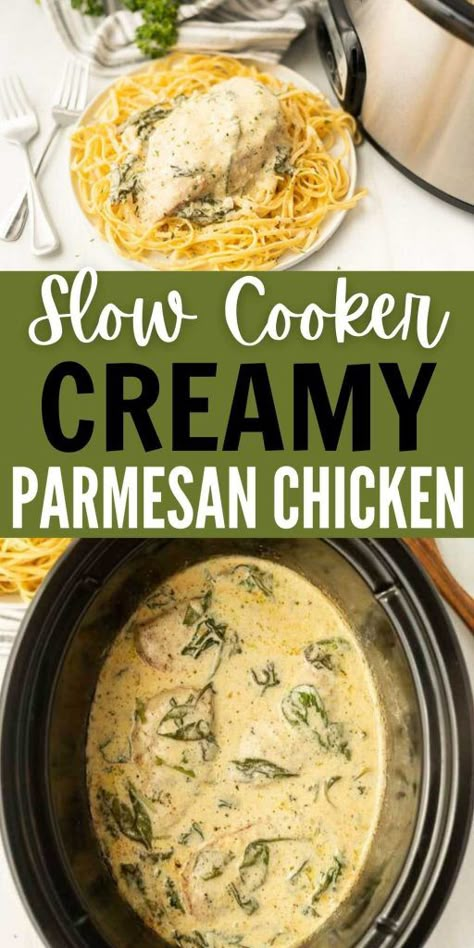 Crock Pot Creamy Parmesan Chicken Recipe - Easy Dinner Idea Chicken Rotel Cream Cheese Recipes, Heavy Cream Chicken Recipe, Crock Pot Keto, Garlic Chicken Crockpot, Garlic Chicken Slow Cooker, Cream Chicken Recipes, Creamy Garlic Chicken Recipes, Crockpot Chicken Parmesan, Creamy Crockpot Chicken