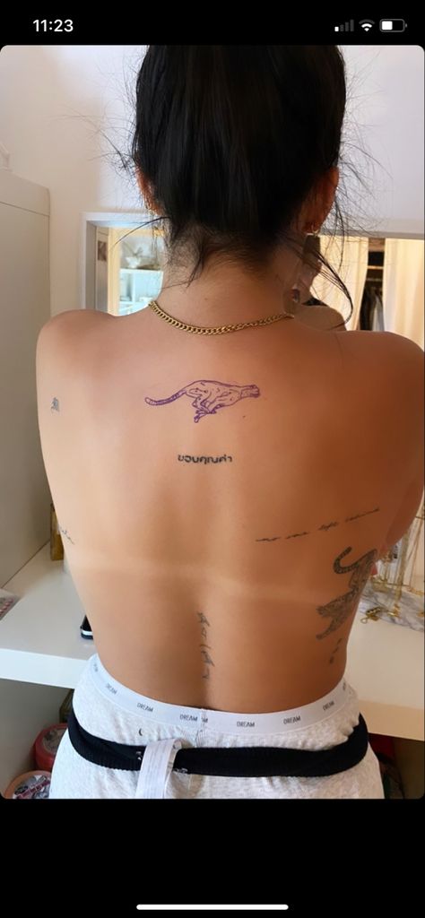 Powerful Back Tattoo Women, Back Tat Placement, Talk Back Tattoo, Upper Back Writing Tattoo, Fine Line Patchwork Back Tattoo, Back Tattoo Women Script, Upper Back Spine Tattoo Women, Top Middle Back Tattoo, Artsy Back Tattoos