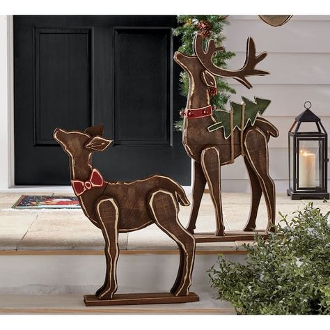 Set of 2 Chunky Wood Cutouts Reindeer Wood Reindeer, Wood Decorations, Wood Yard Art, Wooden Reindeer, Country Door, Wood Animal, Christmas Wood Crafts, Rustic Holiday, Holiday Crafts Christmas