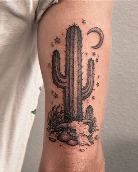 Black And Grey Cactus Tattoo, Southwestern Tattoo, Saguaro Tattoo, Desert Tattoos, Cactus Tattoos, Grandma Tattoo, Desert Tattoo, Arizona Tattoo, Night Tattoo