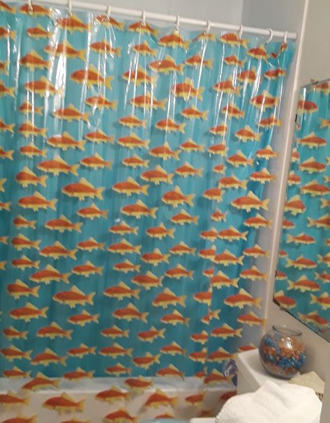 Goldfish Shower Curtain, Goldfish Bathroom, Fish Curtains, Tropicalcore Aesthetic, Fish Core, Fish Shower Curtain, Male Living Space, Fish Bathroom, Goldfish Tank