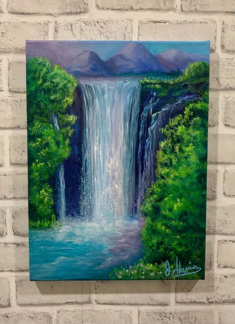 Unique Scenery Painting, Waterfall Landscape Paintings Acrylic, Side By Side Canvas Painting Ideas, Waterfall Painting On Canvas, Water Fall Painting Ideas, Waterfall Painting Easy, Waterfall Painting Acrylic, Thick Paint On Canvas, Forest Scenery Painting