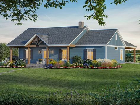 001H-0249: Small Country House Plan; 1430 sf Affordable House Plans To Build, 1400 Sq Ft House Plans, 3 Bedroom Home Floor Plans, Cabin Houses, One Level House Plans, 1500 Sq Ft House, One Level Homes, Craftsman Homes, Quaint Cottage