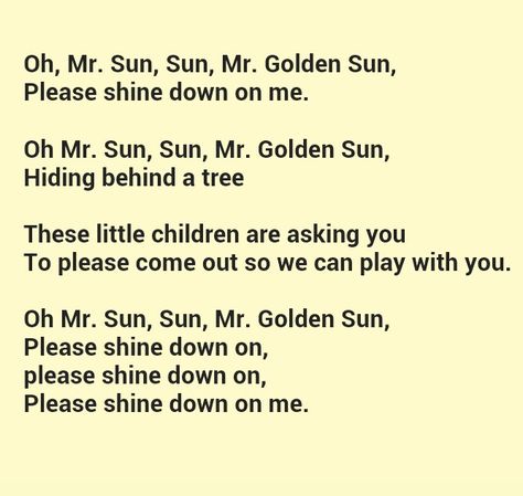 Mr. Golden Sun Mr Golden Sun Song, Water Activities Preschool, Preschool Circle Time Songs, Transition Songs For Preschool, Space Lesson Plans, Weather Song, Sun Song, Preschool Poems, Transition Songs