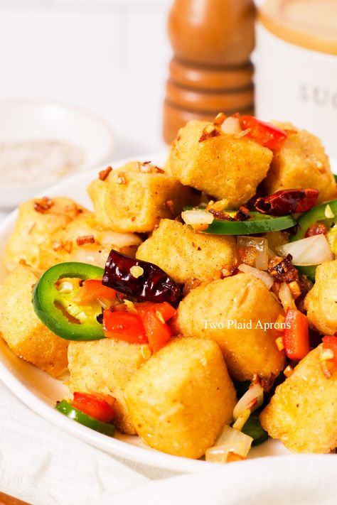 Salt and Pepper Tofu | Two Plaid Aprons Salt Pepper Tofu, Salt And Pepper Tofu Recipe, Salt And Pepper Tofu, Pepper Tofu, Plaid Apron, Tofu Recipes, Salt Pepper, Salt And Pepper, Salt