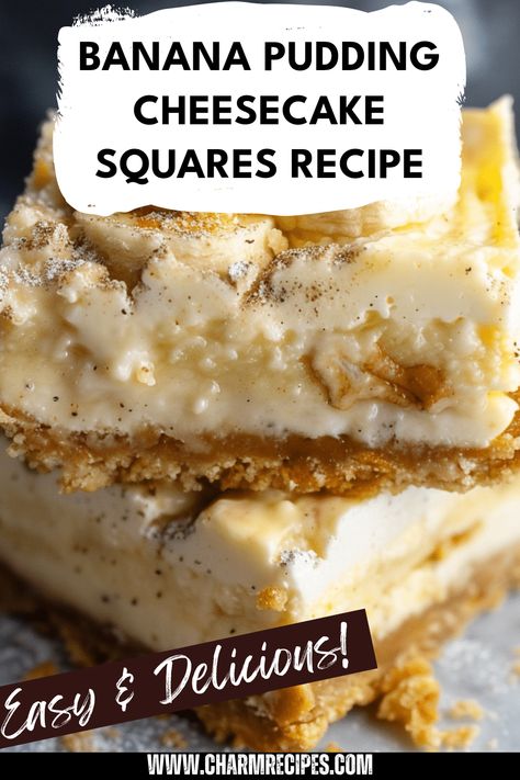 Learn how to make these delicious banana pudding cheesecake squares that blend creamy cheesecake and bananas on a buttery vanilla wafer crust. Perfect for any gathering or a sweet dinner treat, these squares are sure to impress your friends and family. With hints of banana pudding flavoring, your desserts will shine at any bake sale or holiday party. Easy to follow, this dessert captures all the favorite flavors in a simple recipe that's as enjoyable to make as it is to eat. Try these incredible squares today! Banana Pudding Squares, Banana Squares Cream Cheese, Banana Pudding Cheesecake No Bake, Banana Pudding Cheesecake Squares Recipe, Easy Banana Pudding Cheesecake, Banana Pudding Cheesecake Recipe No Bake, Banana Pudding Cheesecake Bars Recipe, Banana Pudding Cheesecake Squares, Vanilla Wafer Crust