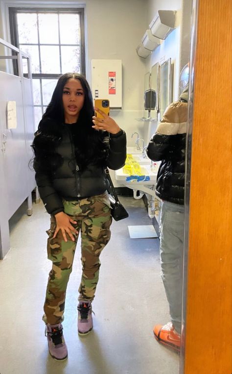 Purple Jordan 4 Outfit Women, Canyon Purple 4s Outfit, Camo Outfit Black Women, Camo Pants Outfit Baddie Black, Army Green Pants Outfit Winter, Crayon Purple 4s Outfit, Jordans Outfit Summer, Canyon Purple Jordan 4 Outfit Women, Olive Green 4s Outfit