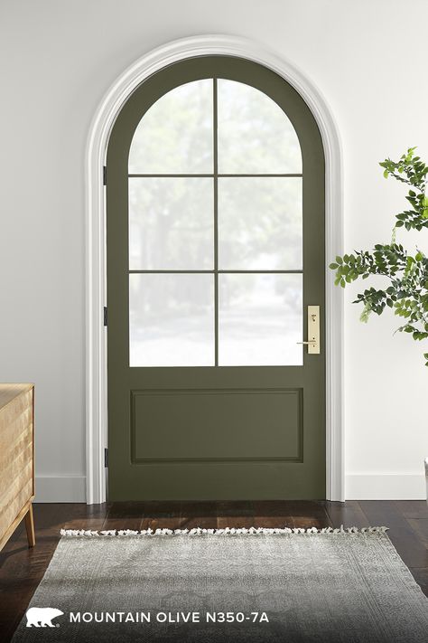 Mountain Olive Behr, Mountain Olive Behr Paint, Olive Paint, House Paints, Olive Green Paints, Behr Colors, Green Front Doors, Bathroom Cupboard, Color Of The Month