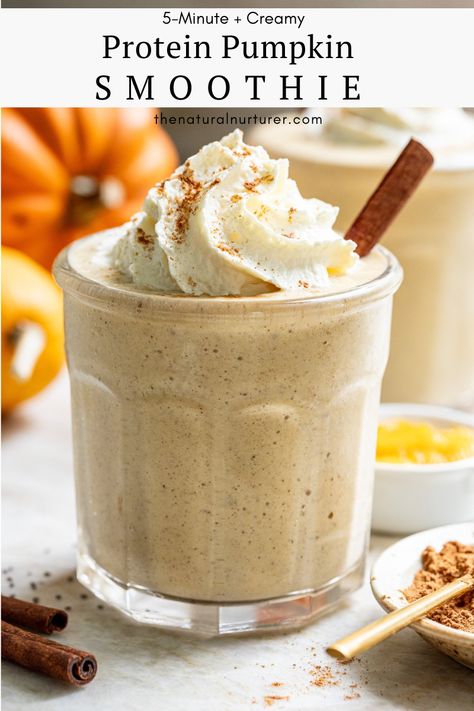 This is basically fall in a glass! Made with pumpkin puree, milk, Greek yogurt, chia seeds, the sweetness of ripe banana, a touch of pumpkin pie spice, and your favorite vanilla protein powder, this creamy, dreamy pumpkin smoothie is done in 5 minutes and will keep you full all morning. Pumpkin Vanilla Protein Shake, Yogurt Chia Seeds, Pumpkin Protein Shake, Pumpkin Pie Breakfast, Natural Nurturer, Nutritional Food, Dessert Waffles, Veggie Smoothies, Sweet Smoothies